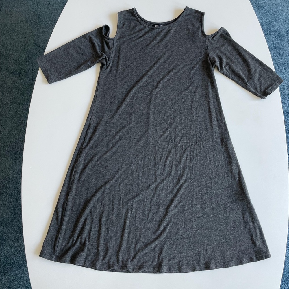 Alquema Grey Cold-Shoulder Cotton Knee-Length Tunic Dress